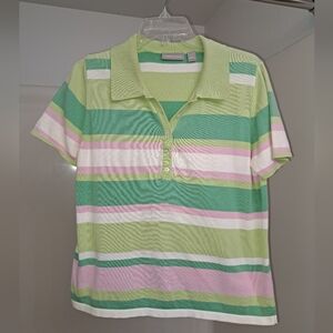 Womens Striped Green and Pink Short Sleeve Sweater
